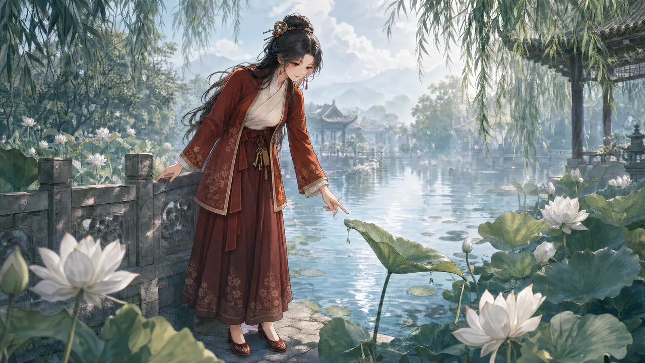 沈照棠在湖岸的石欄邊，低頭看荷葉上的水珠