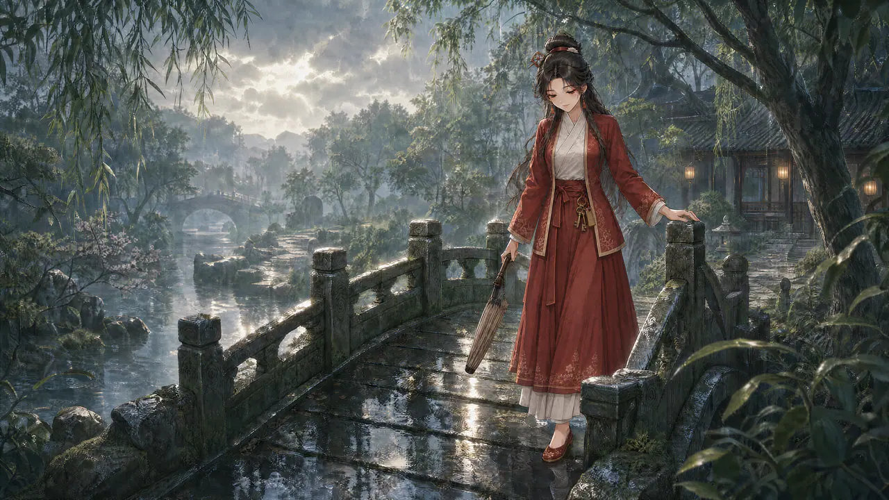 雨後的石橋，沈照棠撐著傘走過