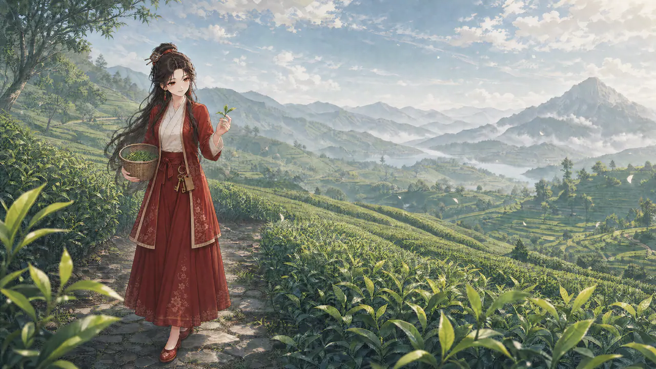 遠山下的茶田，沈照棠提著竹籃摘看新芽